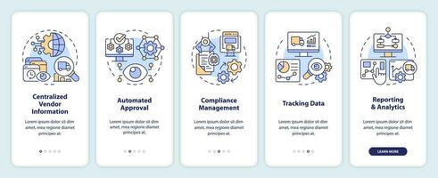 2D icons representing vendor management mobile app screen set. Walkthrough 5 steps multicolor graphic instructions with thin line icons concept, UI, UX, GUI template. vector