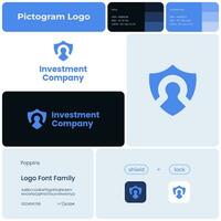 Investment company blue glyph business logo. Brand name. Financial consulting. Shield with lock. Design element. Visual identity. Suitable for data protection, insurance company vector