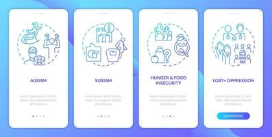 Social injustice examples blue gradient onboarding mobile app screen. Walkthrough 4 steps graphic instructions with linear concepts. UI, UX, GUI template vector