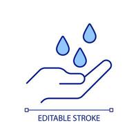 Water drops falling on palm RGB color icon. Hand catching raindrops. Save clean aqua. Liquid sources protection. Isolated vector illustration. Simple filled line drawing. Editable stroke