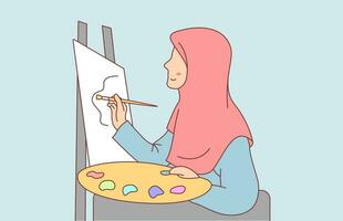 female painter wearing hijab illustration vector