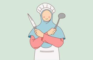 chef wearing hijab holding knife and ladle illustration vector