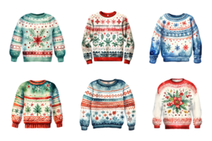 Generative AI, PNG Set of Christmas ugly sweater, watercolor style