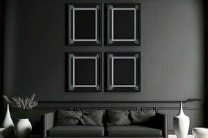 4 frames on the wall, a single color monochrome mockup scene of an interior room in shiny silver and black with no furniture in it. Generative AI photo
