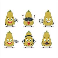 Slice of squash cartoon character are playing games with various cute emoticons vector