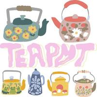 hand drawn cute vintage teapot set vector