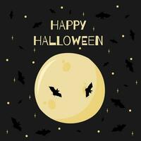 The vector illustration of Happy Halloween can be used as a banner or a greeting card. The moon and bats with stars against a dark background.