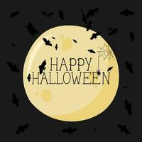 The vector illustration of Happy Halloween can be used as a banner or a greeting card. The moon and bats against a dark background.