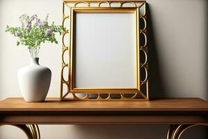 Golden frame mockup on wooden table with antique trellis for interior, art, pictures, and posters. Generative AI photo