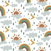 A pattern of clouds, sun, rainbows, thunderstorms with rain on a white background. Rainbow seamless pattern, cartoon vector illustration. Children's texture for printing on fabric and paper. packaging