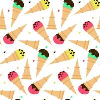 Pattern waffle cones with colored ice cream and various flavors and sprinkles. Multi-colored ice cream on a white background with decorative elements. Cartoon vector illustration on a white background