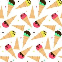 Pattern waffle cones with colored ice cream and various flavors and sprinkles. Multi-colored ice cream on a white background with decorative elements. Cartoon vector illustration on a white background