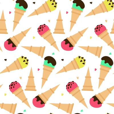 Pattern waffle cones with colored ice cream and various flavors and sprinkles. Multi-colored ice cream on a white background with decorative elements. Cartoon vector illustration on a white background