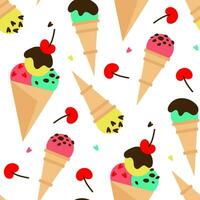 The pattern is colored ice cream in waffle cones with various sprinkles and cherries. Multi-colored ice cream on a white background with decorative elements. Cartoon vector illustration on a white