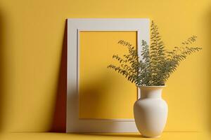 en un amarillo muro, un florero con un decorativo planta y un burlarse de arriba blanco marco. mínimo estilo. generativo ai foto