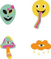 psicodélico dibujos animados pegatina. maravilloso hippie emoji personaje. 1970 retro diseño estilo. aislado vector. vector