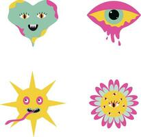 psicodélico dibujos animados pegatina. maravilloso hippie emoji personaje. 1970 retro diseño estilo. aislado vector. vector