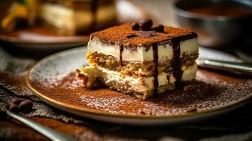 A closeup magazine quality shot of a beautifully layered tiramisu with creamy mascarpone and dusted cocoa  AI Generated photo