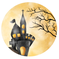 Halloween castle. The clip art of the castle, silhouette on moon. png