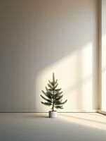A christmas tree is in a room with a window that says christmas photo