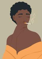 estético ilustración de joven afro mujer de fumar un cigarrillo vector