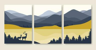 Aesthetic minimalist wildlife art poster set illustration. Deer in the forest vector
