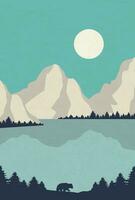 Minimalistic mountains landscape illustration poster. Forest with wildlife animals, bear silhouette vector