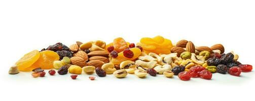 Footer of mix dry fruit on white background, AI Generated photo