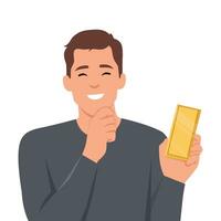 Man smiling holding gold bar for investment. vector