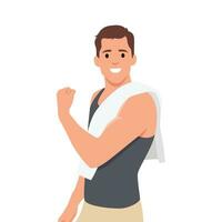 Young man shows developed muscles of the torso and shoulder girdle. Flexing his muscle with towel on his shoulder. vector