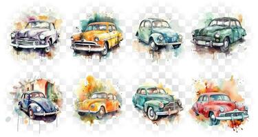 Set of retro cars in a watercolor style. Illustration on a transparent background. vector