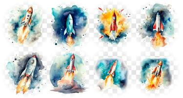 The rocket takes off in a watercolor style. Illustration on a transparent background. vector