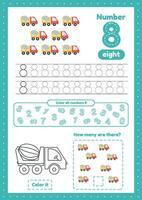 Learning numbers. Number 8. Trace, color, counting concrete mixers vector