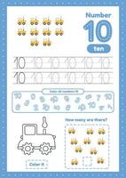 Learning numbers. Number 10. Trace, color, counting tractors vector