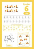 Learning numbers. Number 6. Trace, color, counting scooters vector