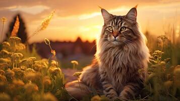 Beautiful Maine Coon cat in a meadow at golden hour photo