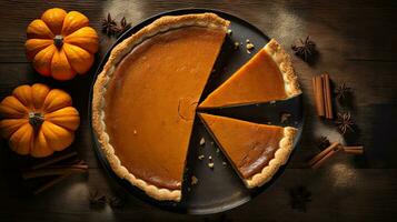 Top view of homemade pumpkin pie against a rustic background, AI generated photo