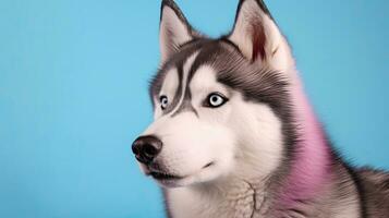 retrato de un siberiano fornido en contra un pastel azul fondo, generativo ai foto