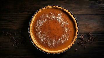 Top view of homemade pumpkin pie against a rustic background, AI generated photo