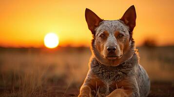 australiano vacas perro sentado en un campo fuera de a dorado hora, ai generado foto