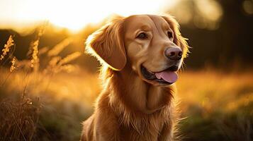 Golden retriever dog outside at golden hour, Generative AI photo