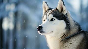 Siberian husky dog outside in a snowy climate, AI generated photo