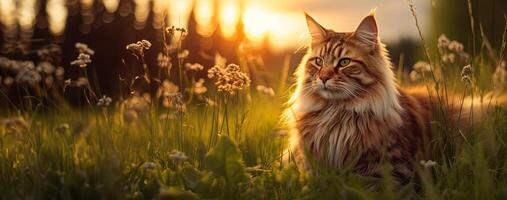 hermosa Maine mapache gato en un prado a dorado hora, generativo ai foto