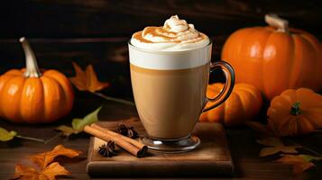 Pumpkin spice latte against a rustic autumn background, AI generated photo