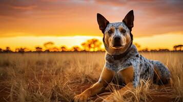 australiano vacas perro sentado en un campo fuera de a dorado hora, ai generado foto