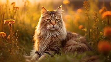 Beautiful Maine Coon cat sitting in a meadow at golden hour, photo