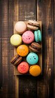 clasificado macarons en un de madera mesa, generativo ai foto