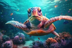 Animals. Sea turtle swimming underwater. Sea creatures. Generative AI photo