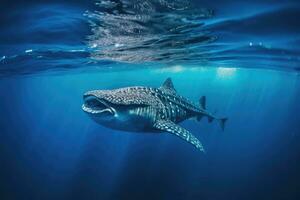 A whale shark plays near the surface in blue water. Whale shark in pacific sea. Generative ai photo