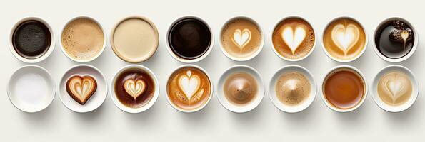 Top view, coffee cup assortment with heart sign top view collection isolated isolated on white background. Generative ai photo